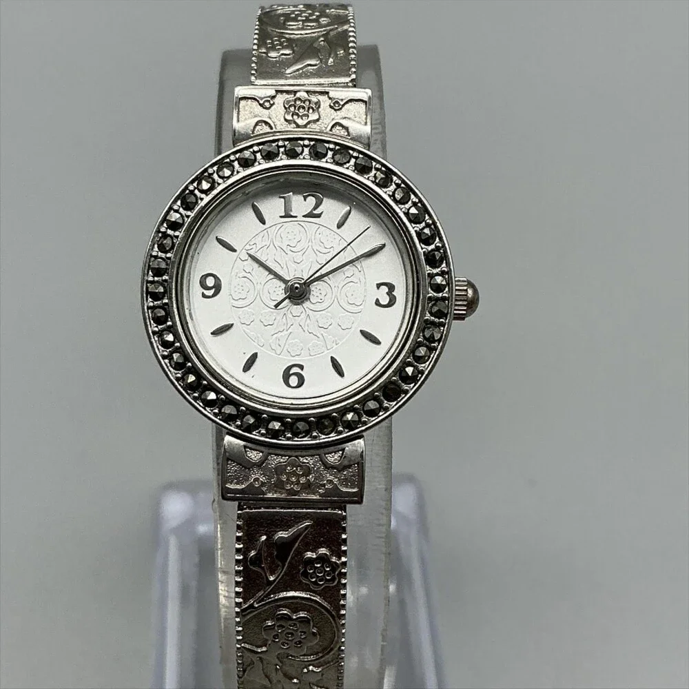 Valletta Womens Watch 24mm Silver Tone Floral Scroll Stretch Band New Battery